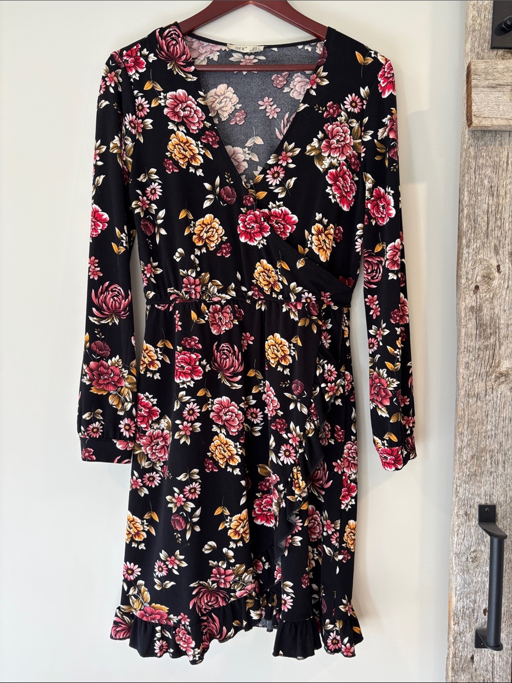 Dex Long Sleeve Floral Wrap Dress in Black with Pink & Gold Blooms size medium